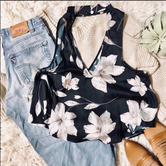 SMYM MuMu Mock Neck Casey Collar Top Black White Floral Swing Tank Blouse L - Picture 8 of 9